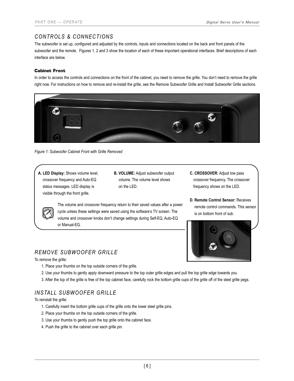 Controls & connections, Remove subwoofer grille, Install subwoofer grille | Velodyne DS-10 User Manual | Page 9 / 49