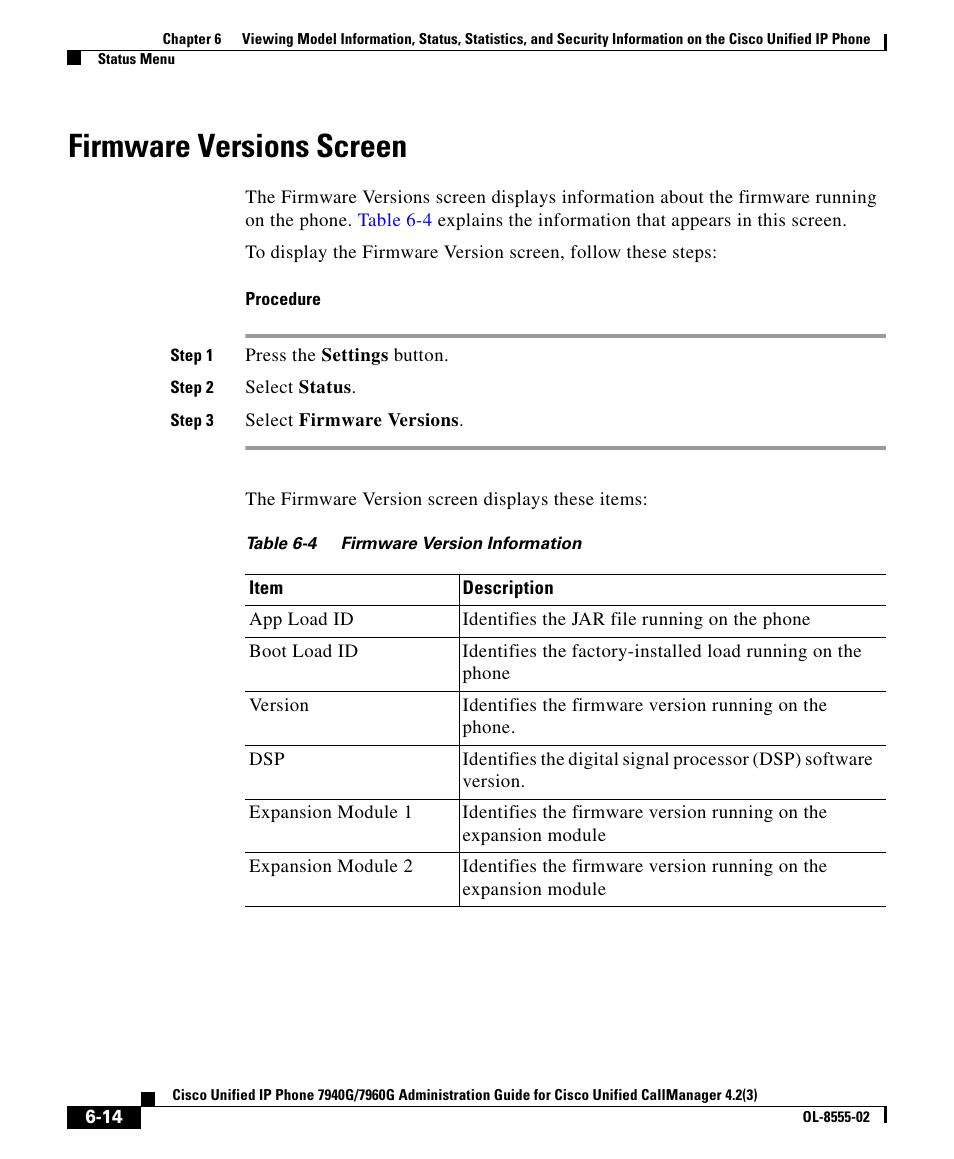 Firmware versions screen | Cisco OL-8555-02 User Manual | Page 14 / 24
