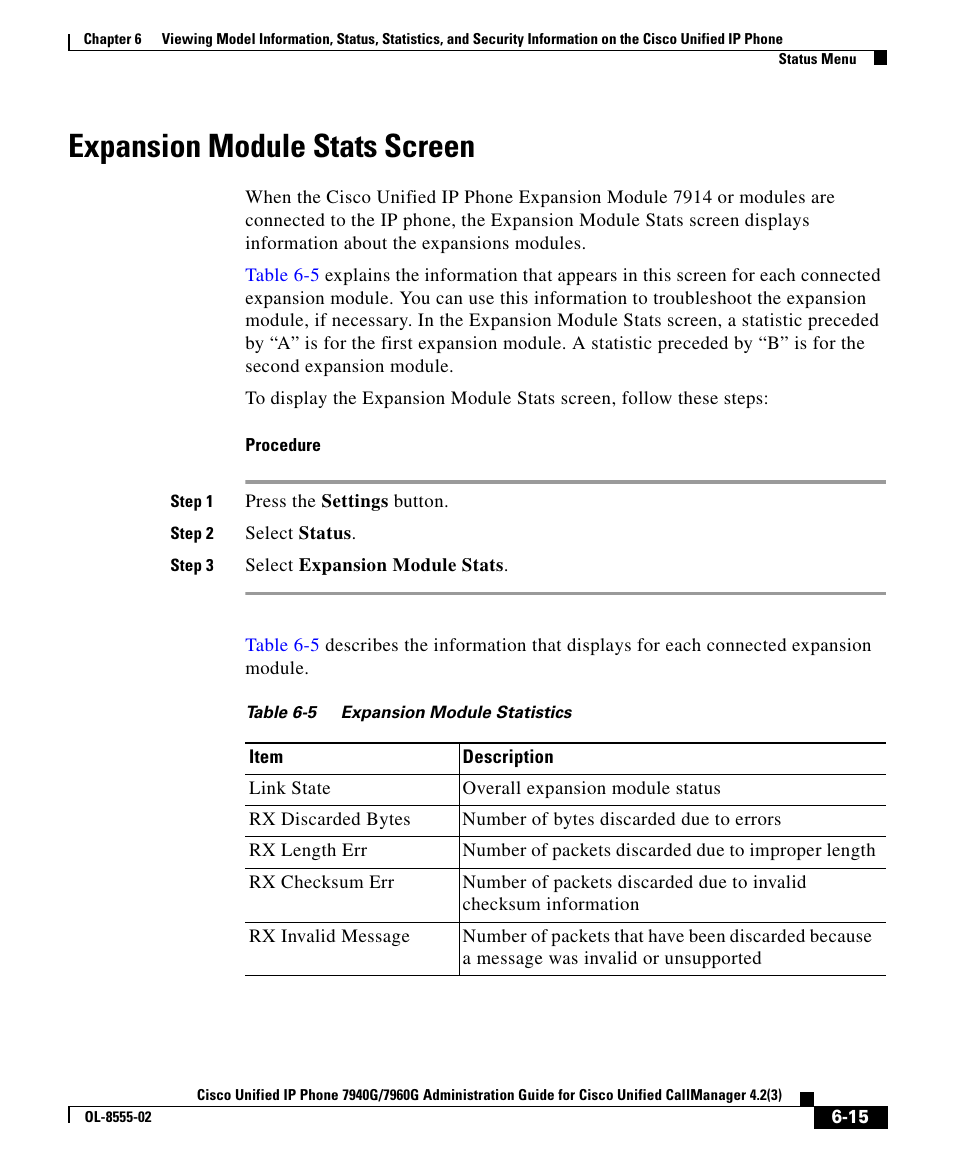 Expansion module stats screen | Cisco OL-8555-02 User Manual | Page 15 / 24