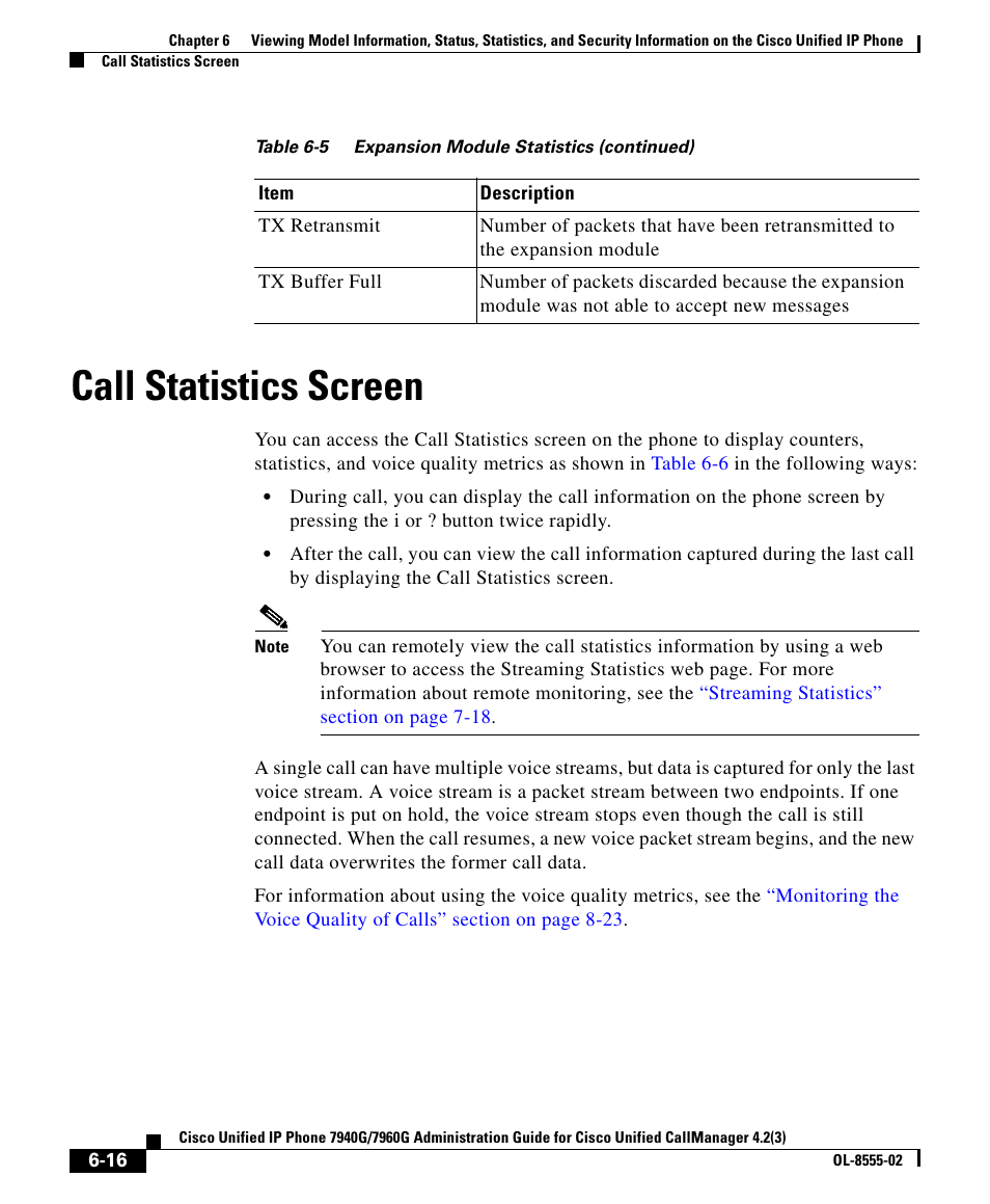 Call statistics screen, Call | Cisco OL-8555-02 User Manual | Page 16 / 24