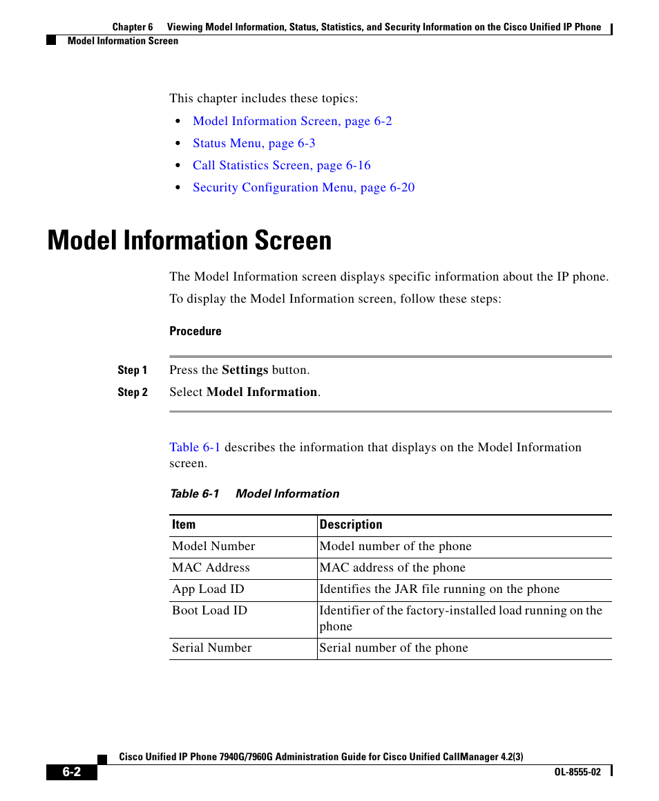 Model information screen | Cisco OL-8555-02 User Manual | Page 2 / 24