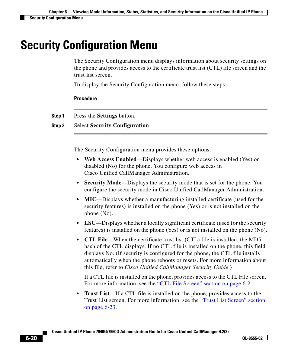 Security configuration menu | Cisco OL-8555-02 User Manual | Page 20 / 24