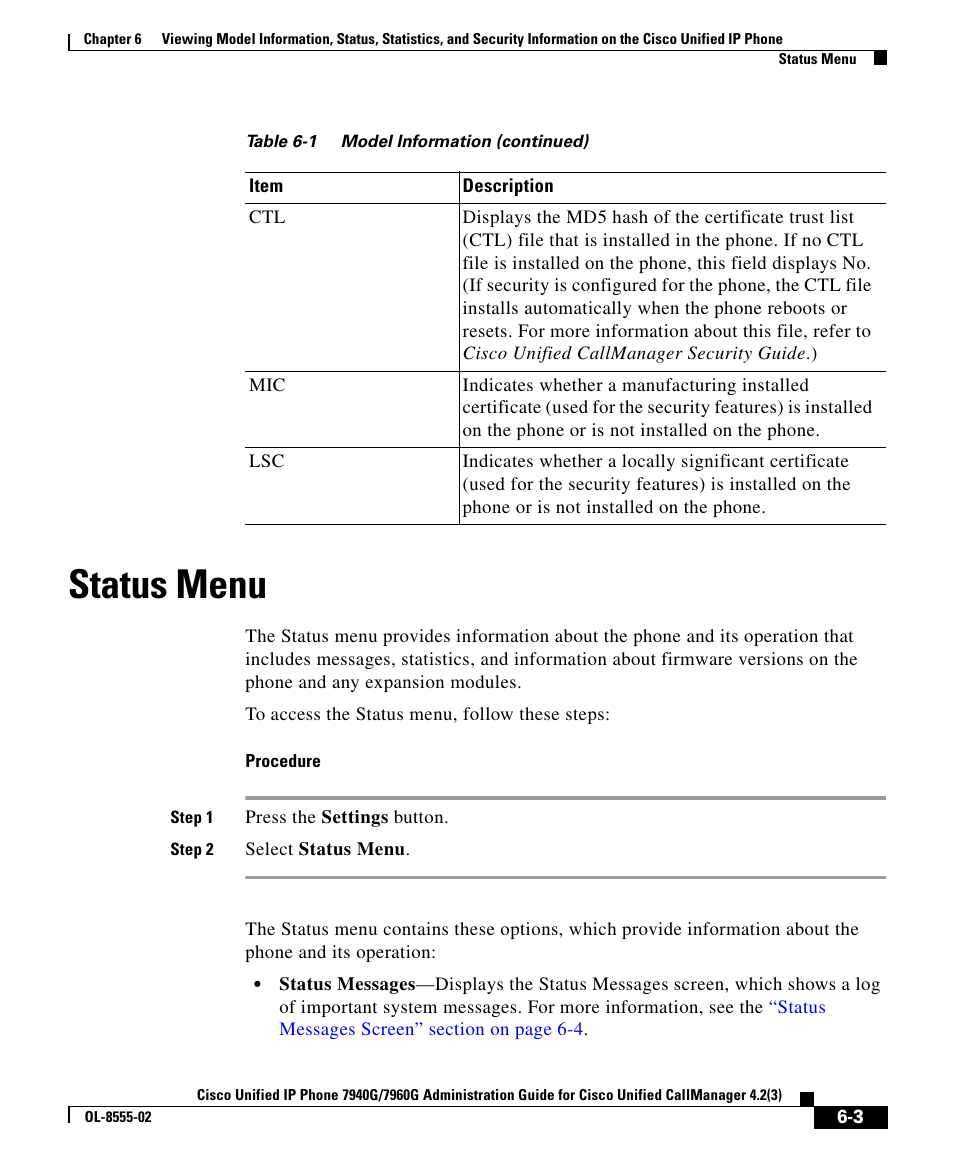 Status menu | Cisco OL-8555-02 User Manual | Page 3 / 24
