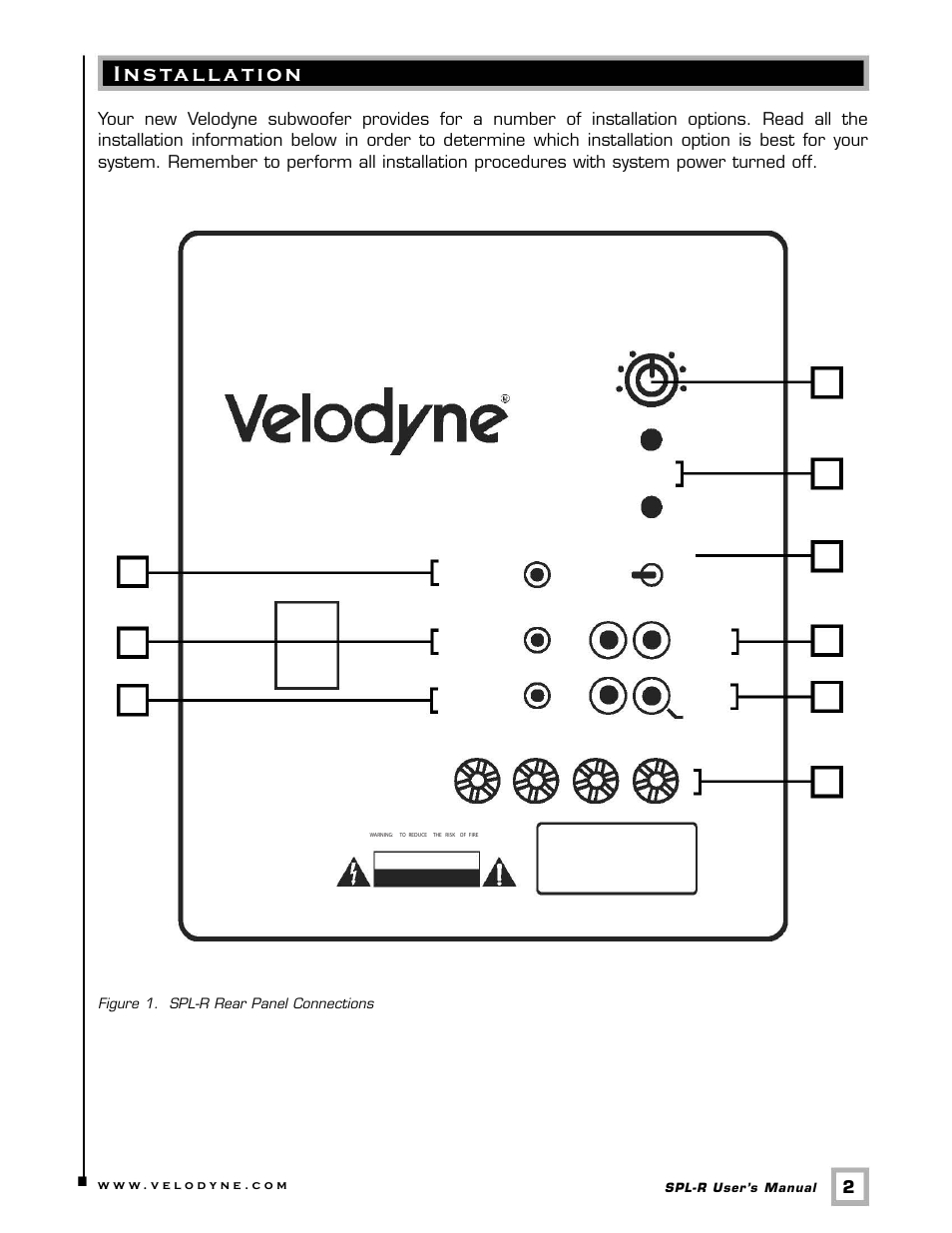 Spl-r series, Ins tallation, Re ar panel connections | Caution | Velodyne SPL-R Series User Manual | Page 5 / 17