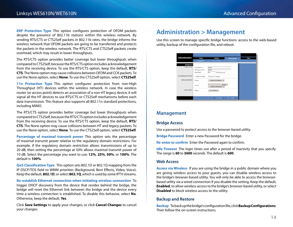 Administration > management, Management, Administration > management 14 | Cisco WET610N User Manual | Page 15 / 21