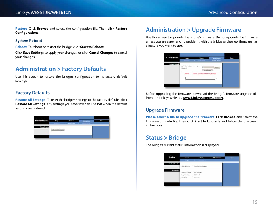 Administration > factory defaults, Factory defaults, Administration > upgrade firmware | Upgrade firmware, Status > bridge, Administration > factory defaults 15, Administration > upgrade firmware 15, Status > bridge 15 | Cisco WET610N User Manual | Page 16 / 21