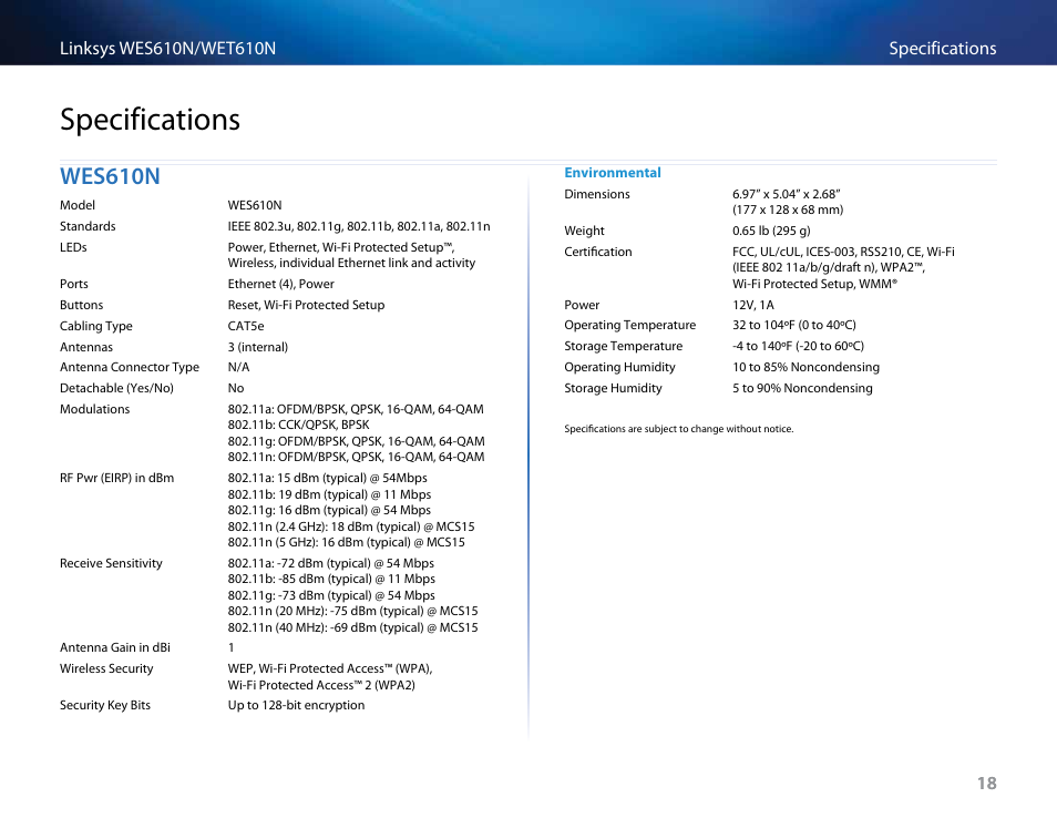 Specifications, Wes610n, Wes610n 18 | Cisco WET610N User Manual | Page 19 / 21