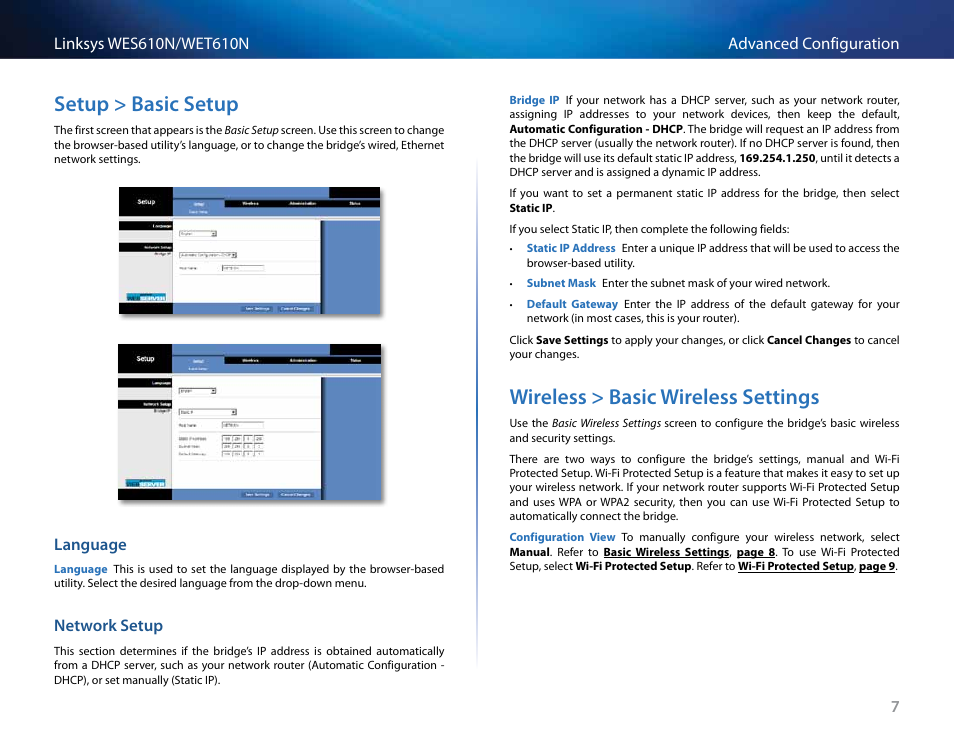 Setup > basic setup, Language, Network setup | Wireless > basic wireless settings, Setup > basic setup 7, Wireless > basic wireless settings 7 | Cisco WET610N User Manual | Page 8 / 21