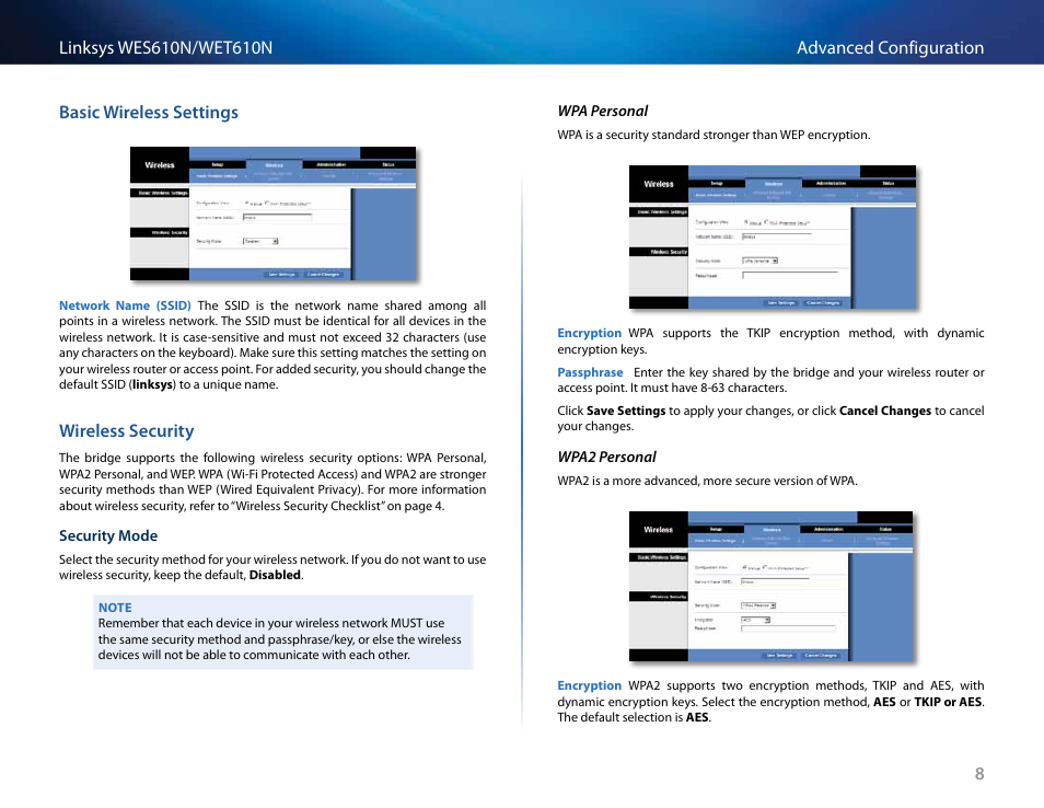 Basic wireless settings, Wireless security | Cisco WET610N User Manual | Page 9 / 21