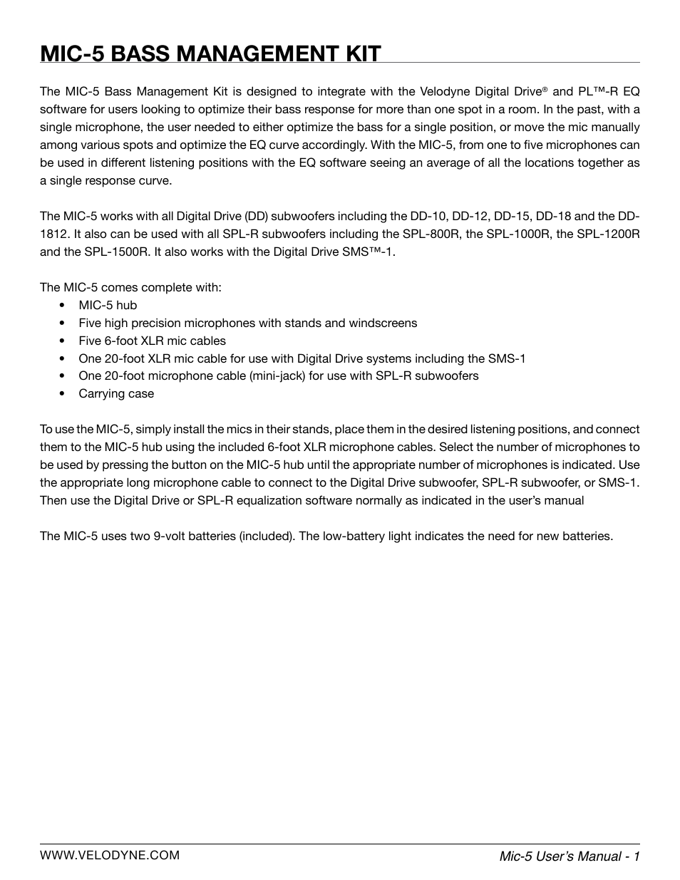 Mic-5 bass management kit | Velodyne MIC-5 User Manual | Page 5 / 8