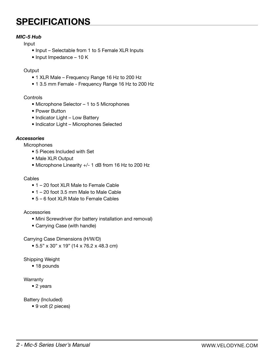 Specifications | Velodyne MIC-5 User Manual | Page 6 / 8