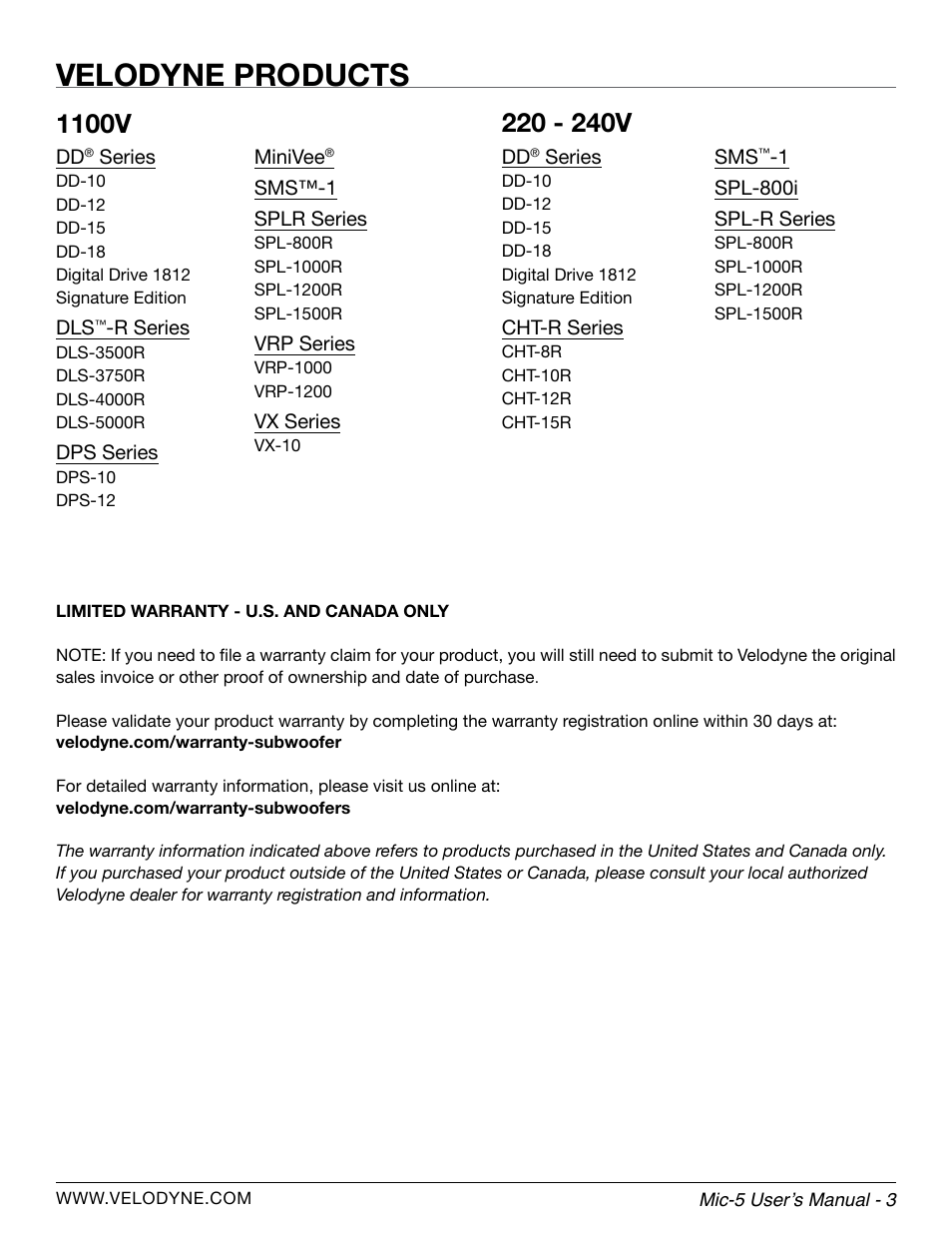 Velodyne products, 1100v | Velodyne MIC-5 User Manual | Page 7 / 8