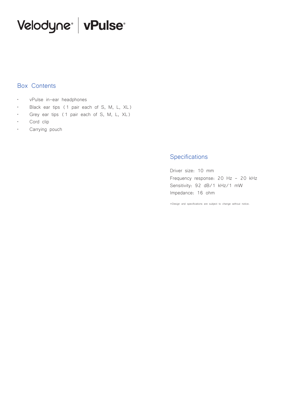 Box contents, Specifications | Velodyne vPulse User Manual | Page 2 / 8