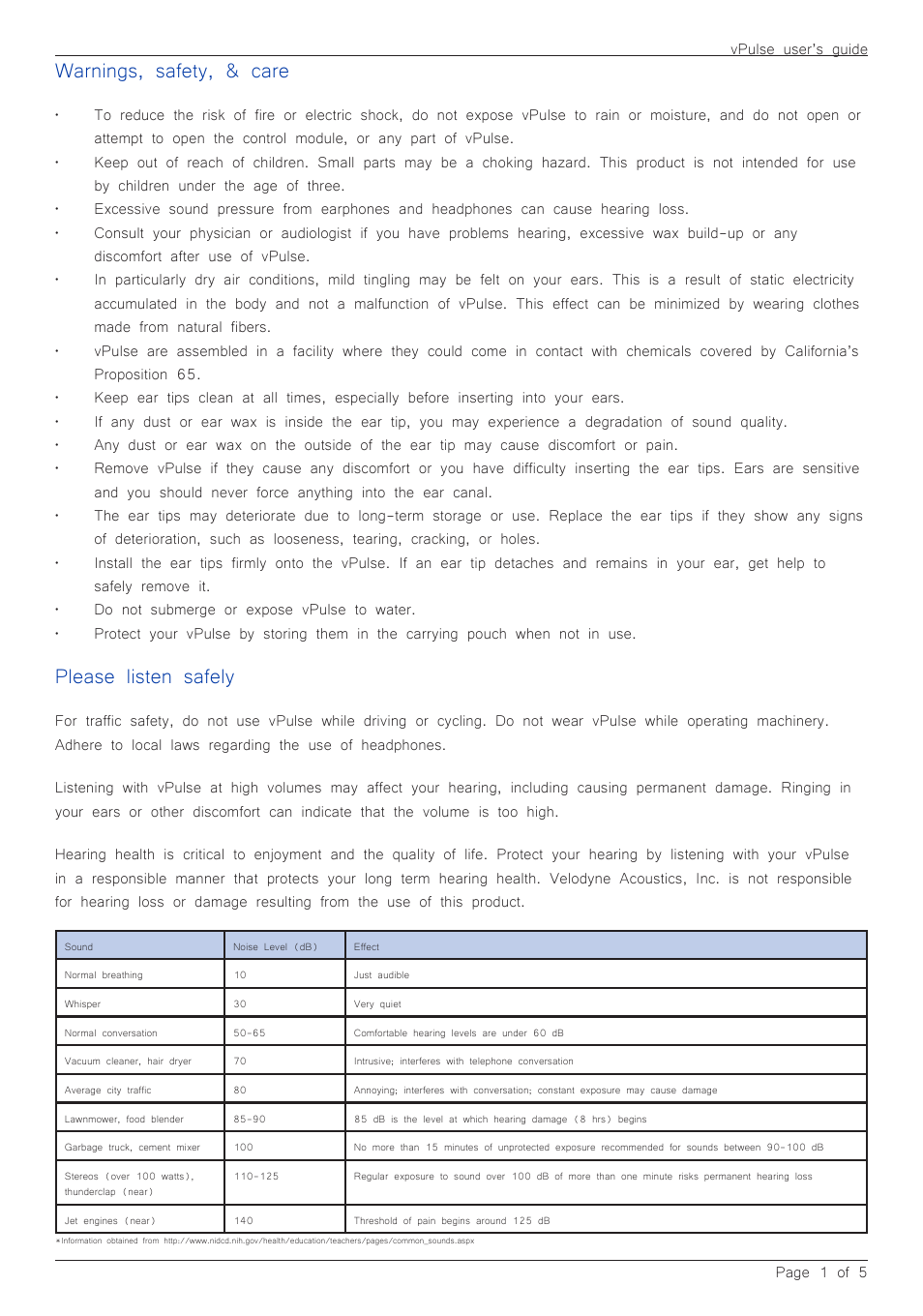 Warnings, safety, & care, Please listen safely | Velodyne vPulse User Manual | Page 3 / 8