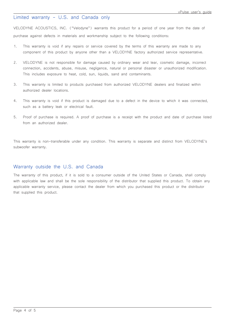 Limited warranty - u.s. and canada only, Warranty outside the u.s. and canada | Velodyne vPulse User Manual | Page 6 / 8