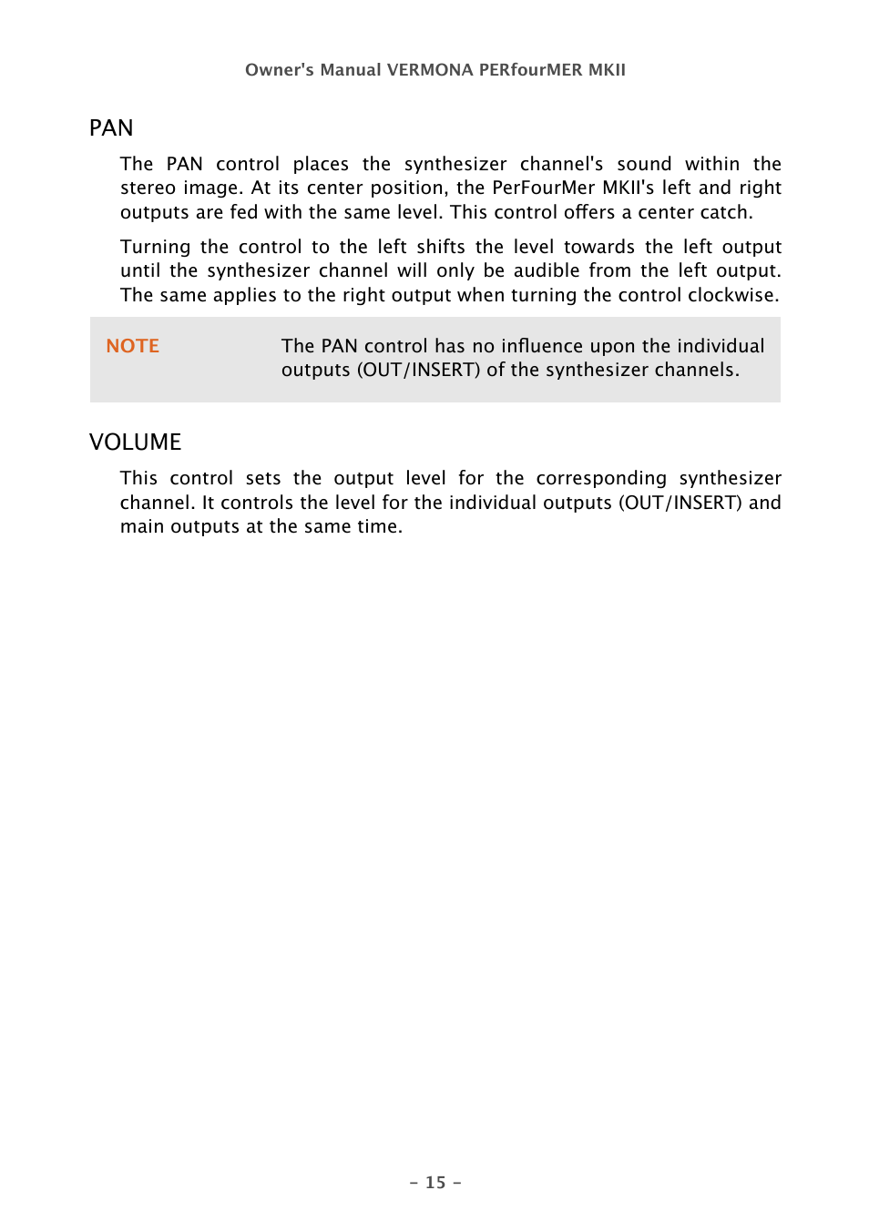 Volume | Vermona PERfourMER MKII - quad analog synthesizer User Manual | Page 15 / 31