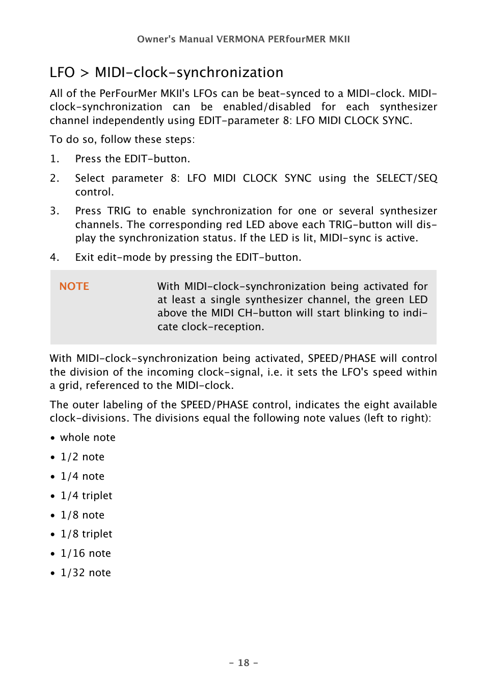 Lfo > midi-clock-synchronization | Vermona PERfourMER MKII - quad analog synthesizer User Manual | Page 18 / 31