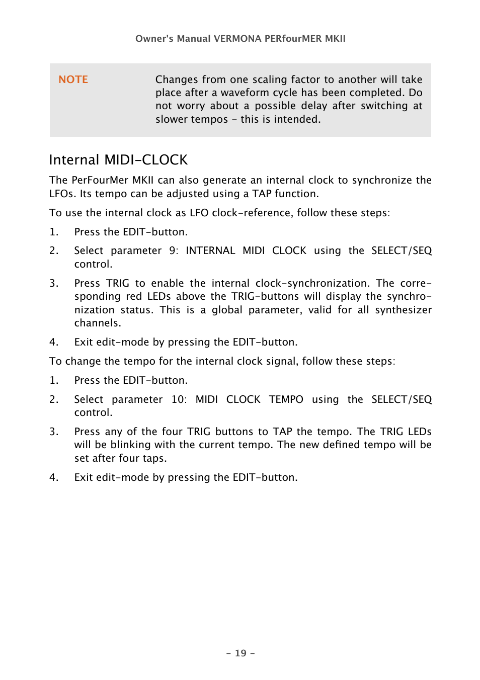 Internal midi-clock | Vermona PERfourMER MKII - quad analog synthesizer User Manual | Page 19 / 31