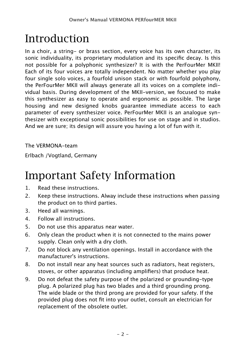 Introduction, Important safety information | Vermona PERfourMER MKII - quad analog synthesizer User Manual | Page 2 / 31