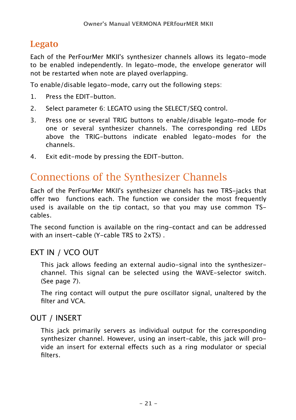 Connections of the synthesizer channels, Legato | Vermona PERfourMER MKII - quad analog synthesizer User Manual | Page 21 / 31