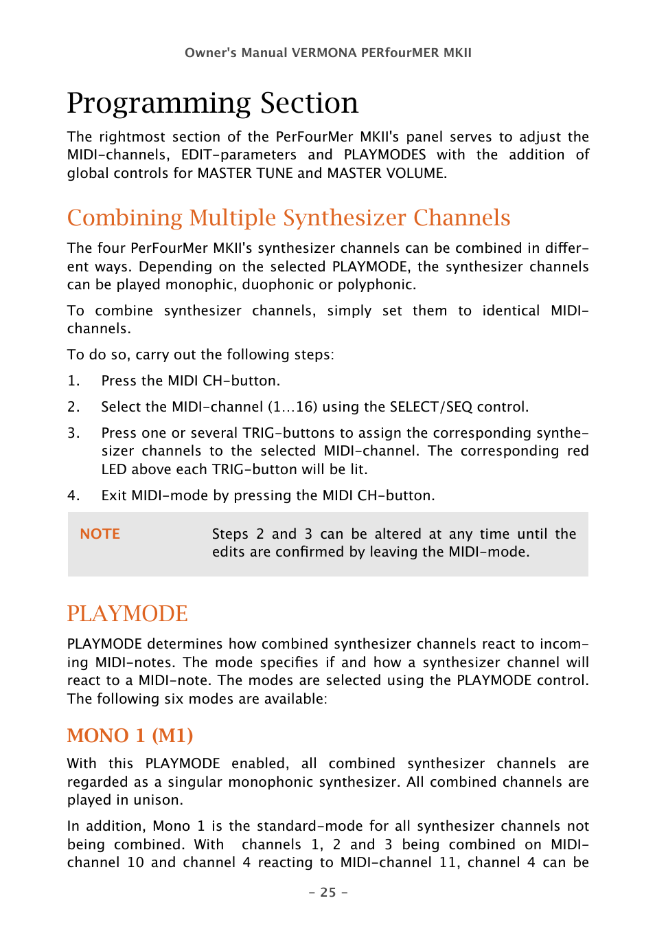 Combining multiple synthesizer channels, Playmode, Mono 1 (m1) | Vermona PERfourMER MKII - quad analog synthesizer User Manual | Page 25 / 31