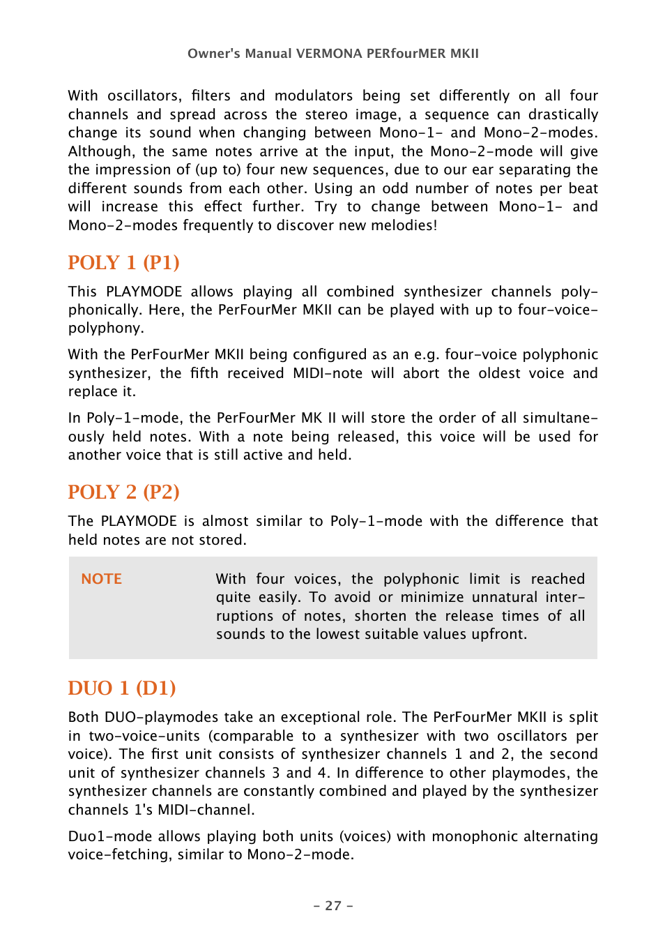Poly 1 (p1), Poly 2 (p2), Duo 1 (d1) | Vermona PERfourMER MKII - quad analog synthesizer User Manual | Page 27 / 31