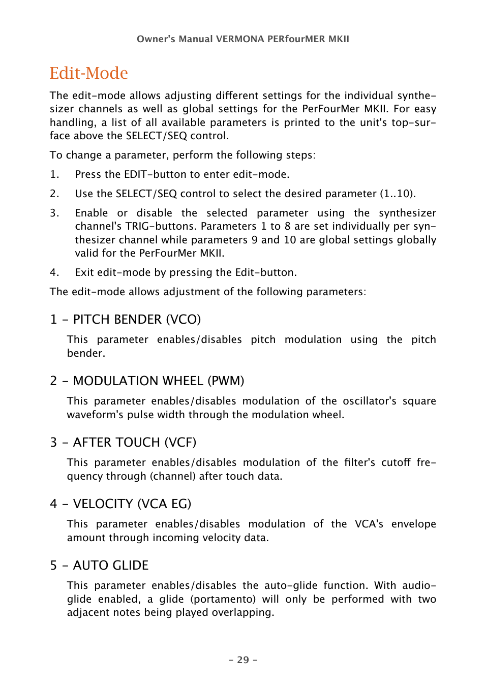 Edit-mode | Vermona PERfourMER MKII - quad analog synthesizer User Manual | Page 29 / 31