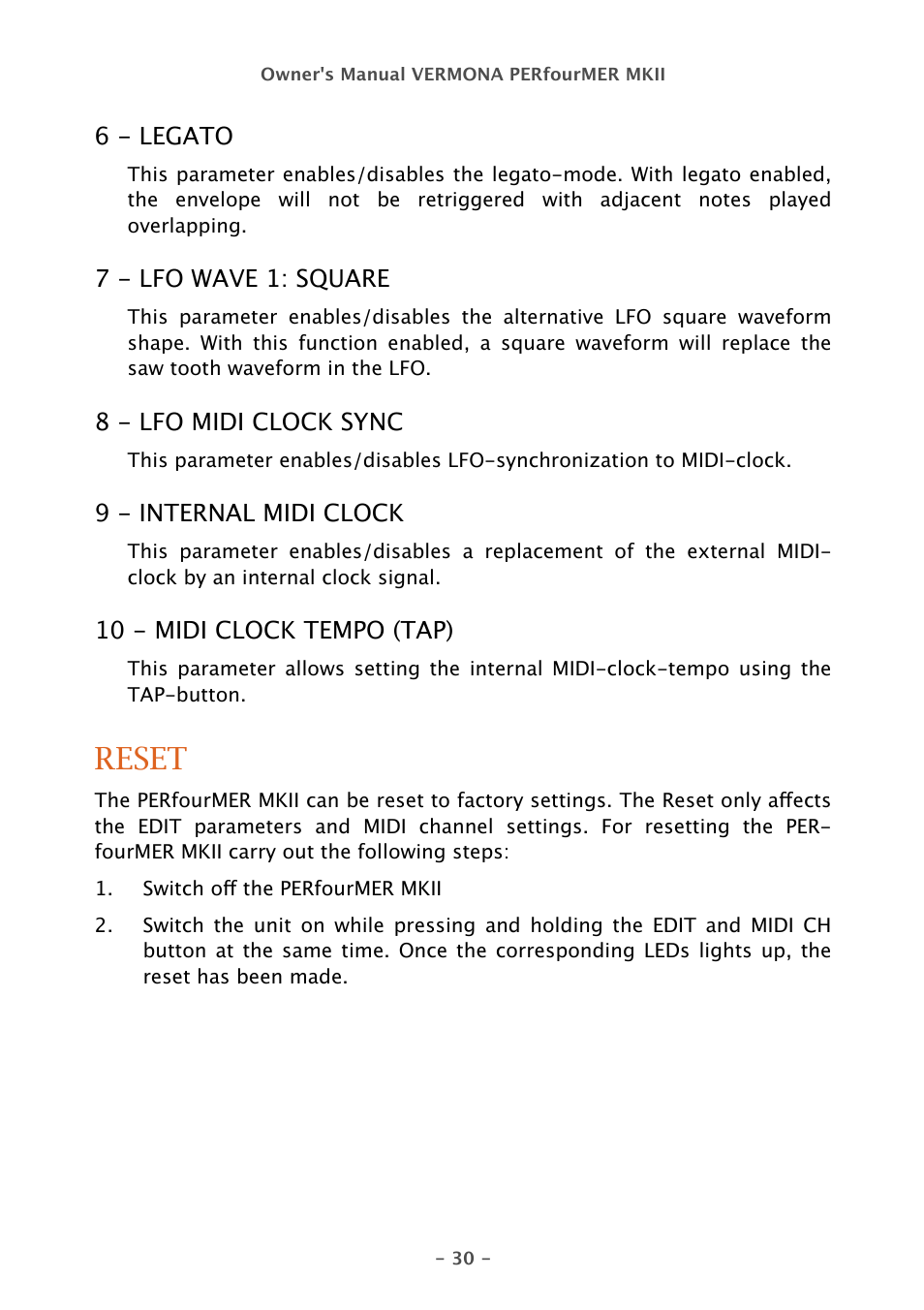 Reset | Vermona PERfourMER MKII - quad analog synthesizer User Manual | Page 30 / 31