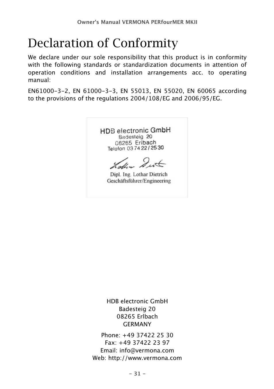 Declaration of conformity | Vermona PERfourMER MKII - quad analog synthesizer User Manual | Page 31 / 31