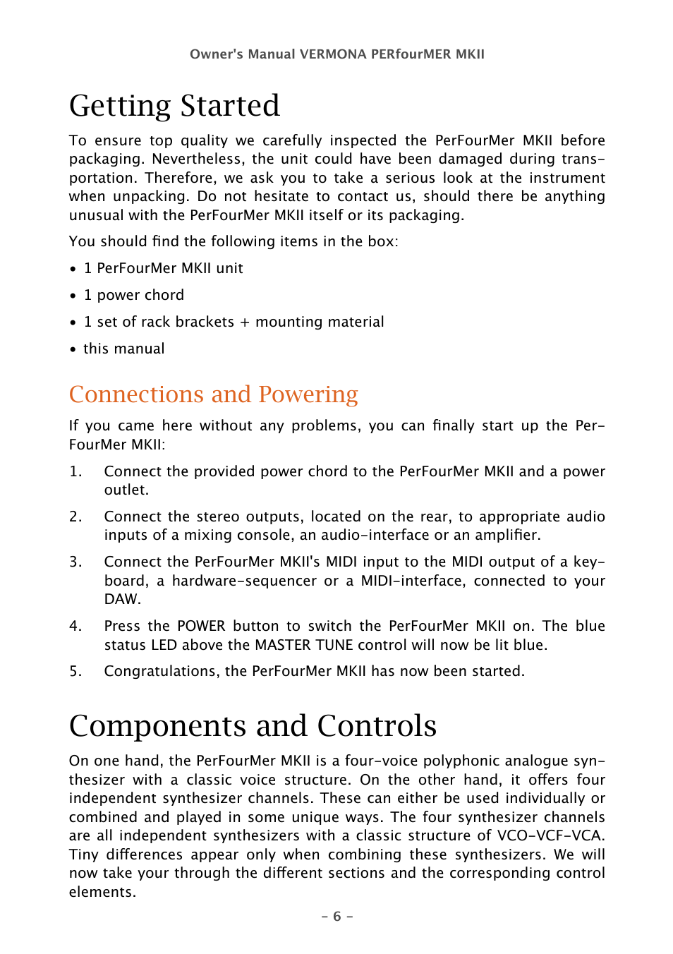 Getting started, Components and controls, Connections and powering | Vermona PERfourMER MKII - quad analog synthesizer User Manual | Page 6 / 31