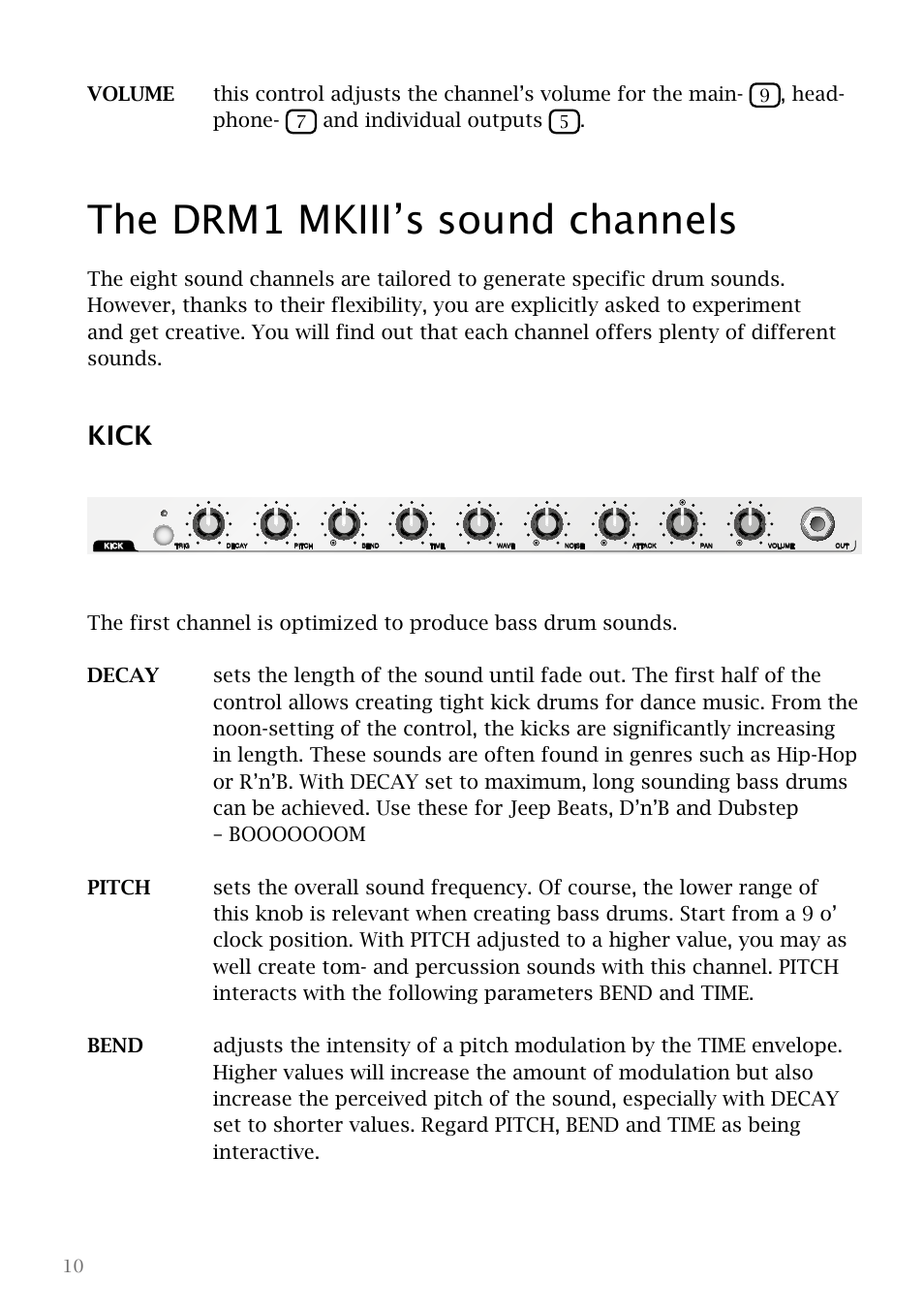 The drm1 mkiii’s sound channels, Kick, Head- phone | And individual outputs | Vermona DRM1 MKIII - analog drum synthesizer User Manual | Page 11 / 31