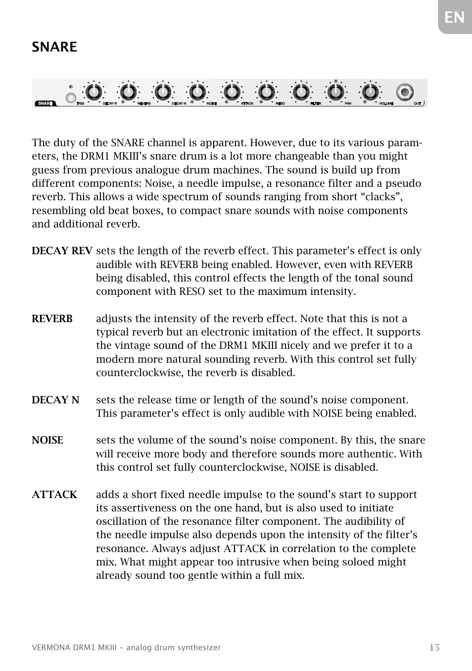 Snare | Vermona DRM1 MKIII - analog drum synthesizer User Manual | Page 16 / 31