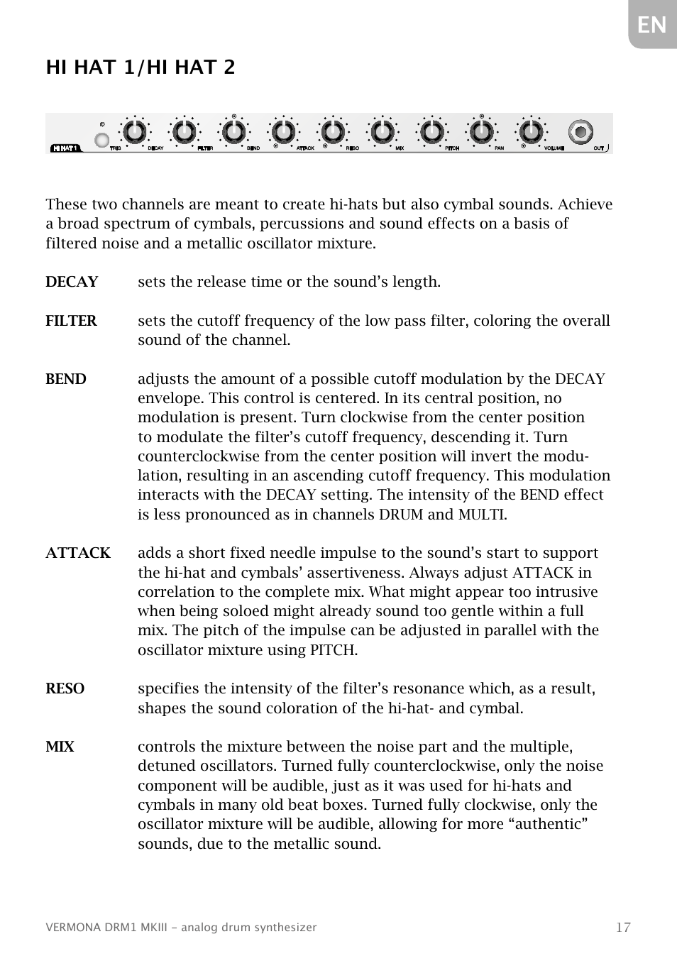 Hi hat 1/hi hat 2 | Vermona DRM1 MKIII - analog drum synthesizer User Manual | Page 18 / 31