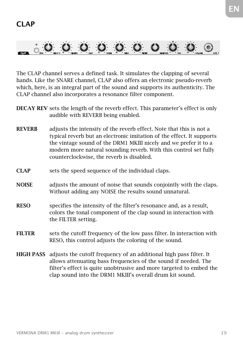 Clap | Vermona DRM1 MKIII - analog drum synthesizer User Manual | Page 20 / 31