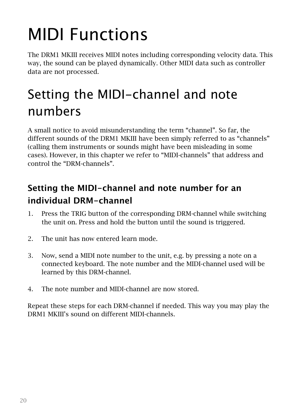 Midi functions, Setting the midi-channel and note numbers, Channel | Vermona DRM1 MKIII - analog drum synthesizer User Manual | Page 21 / 31