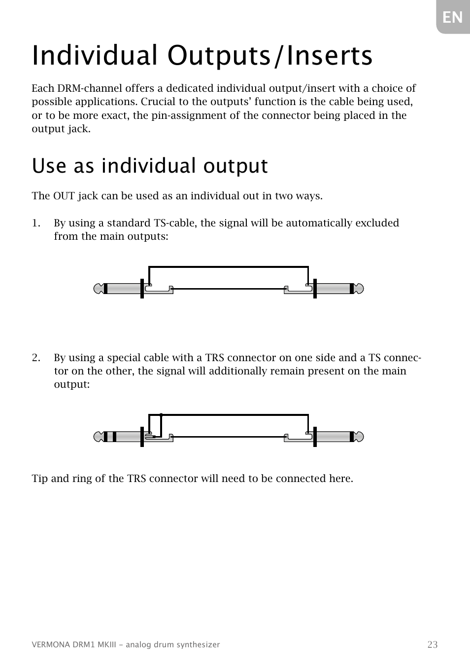 Individual outputs/inserts, Use as individual output | Vermona DRM1 MKIII - analog drum synthesizer User Manual | Page 24 / 31