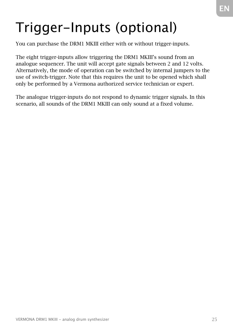 Trigger-inputs (optional) | Vermona DRM1 MKIII - analog drum synthesizer User Manual | Page 26 / 31