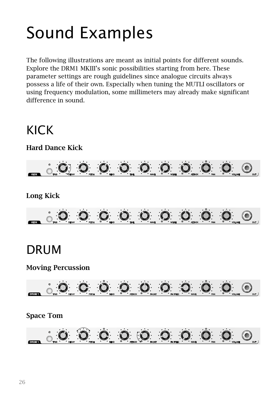 Sound examples, Kick, Drum | Kick drum, Hard dance kick, Long kick, Moving percussion, Space tom | Vermona DRM1 MKIII - analog drum synthesizer User Manual | Page 27 / 31