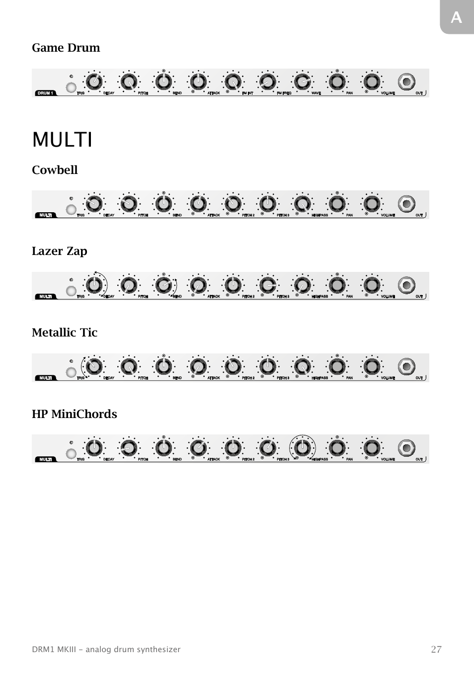 Multi, Game drum, Cowbell | Lazer zap, Metallic tic, Hp minichords, Drm1 mkiii - analog drum synthesizer | Vermona DRM1 MKIII - analog drum synthesizer User Manual | Page 28 / 31