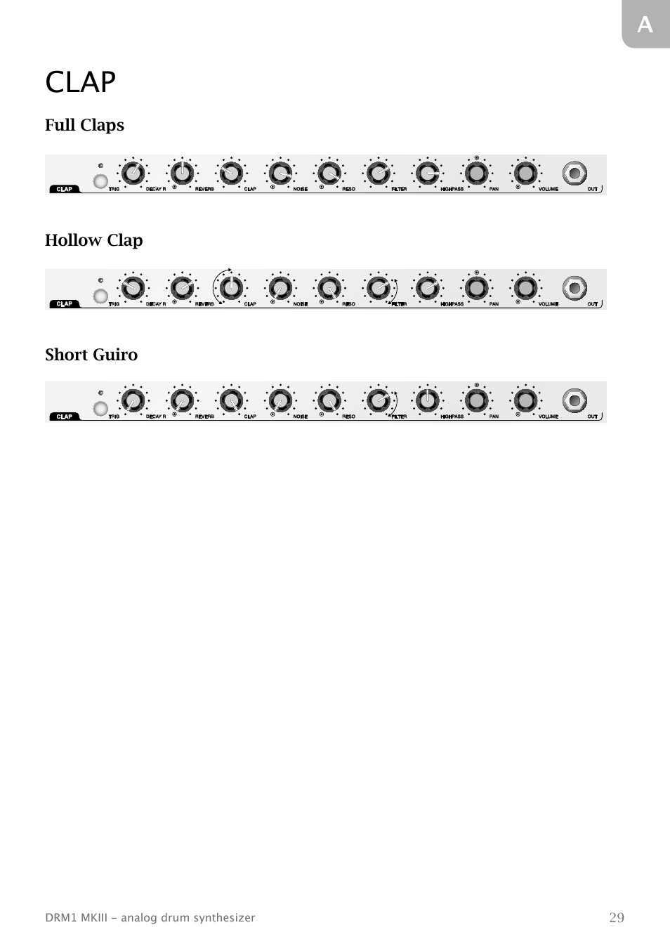 Clap, Full claps, Hollow clap | Short guiro, Drm1 mkiii - analog drum synthesizer | Vermona DRM1 MKIII - analog drum synthesizer User Manual | Page 30 / 31