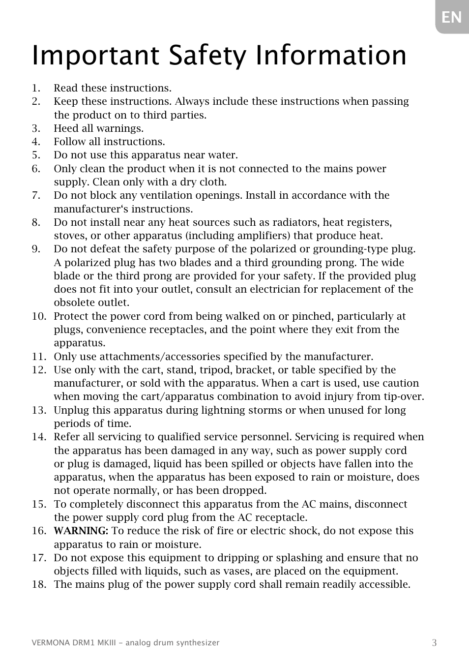 Important safety information | Vermona DRM1 MKIII - analog drum synthesizer User Manual | Page 4 / 31