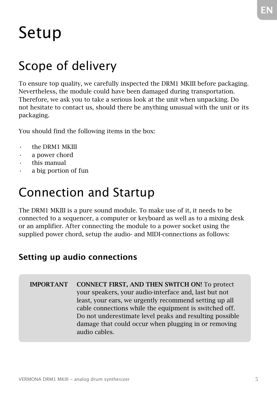Setup, Scope of delivery, Connection and startup | Setting up audio connections, Scope of delivery connection and startup | Vermona DRM1 MKIII - analog drum synthesizer User Manual | Page 6 / 31
