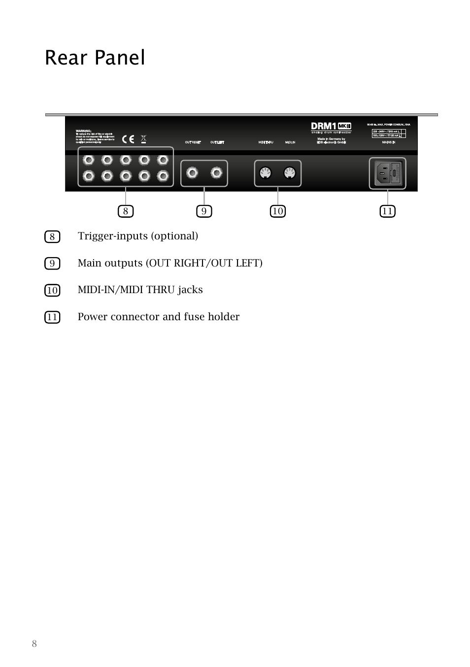 Rear panel | Vermona DRM1 MKIII - analog drum synthesizer User Manual | Page 9 / 31