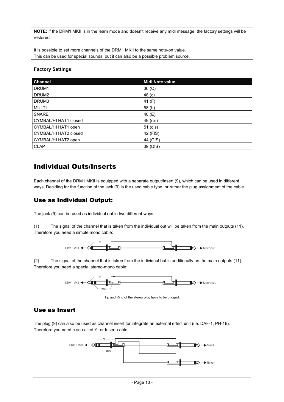 Individual outs/inserts, Use as individual output, Use as insert | Vermona DRM1 MK2 User Manual | Page 10 / 11