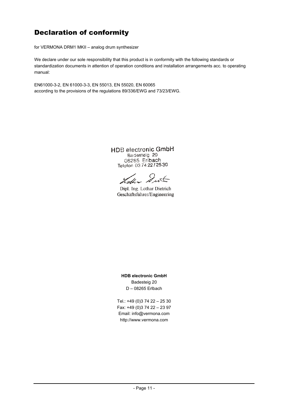 Declaration of conformity | Vermona DRM1 MK2 User Manual | Page 11 / 11