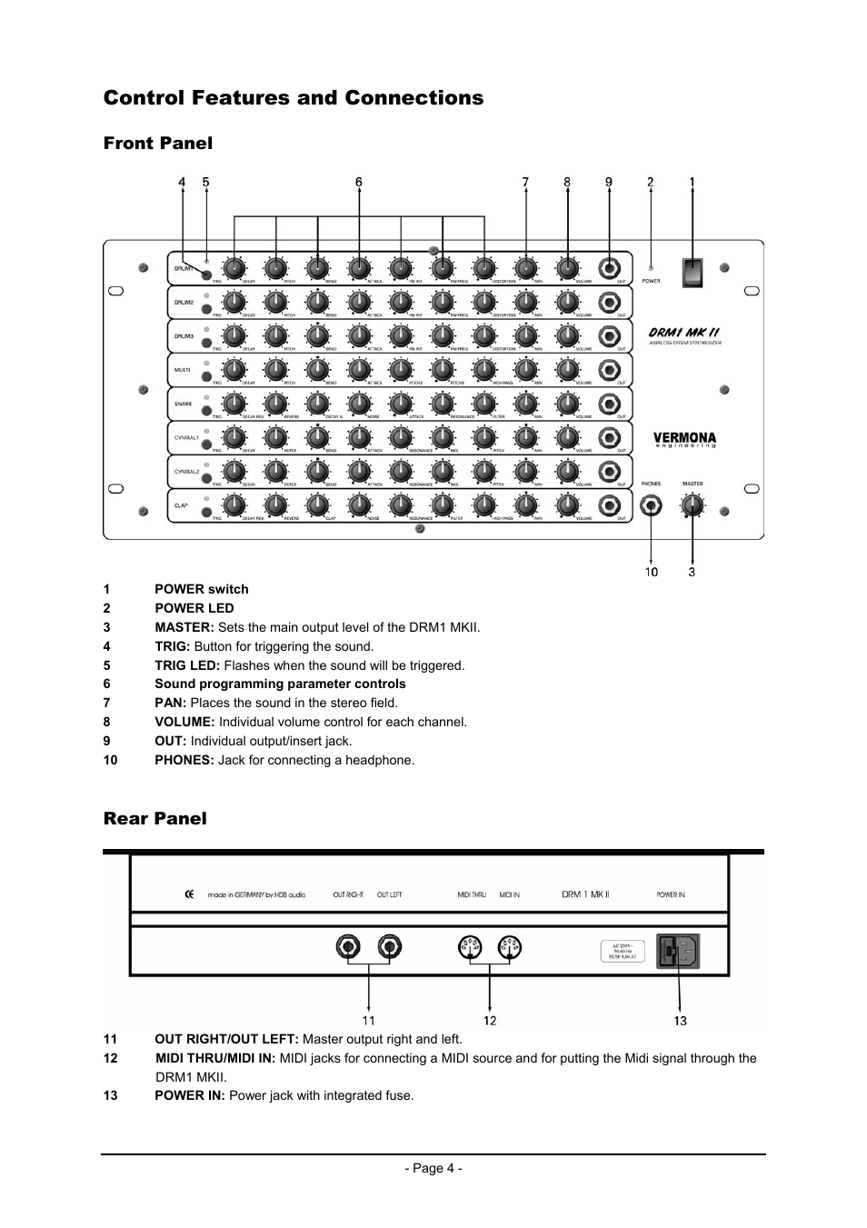 Control features and connections, Front panel, Rear panel | Vermona DRM1 MK2 User Manual | Page 4 / 11