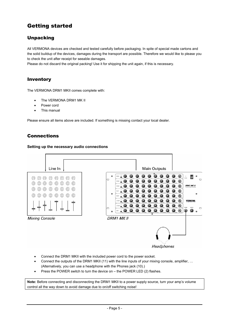 Getting started, Unpacking, Inventory | Connections | Vermona DRM1 MK2 User Manual | Page 5 / 11