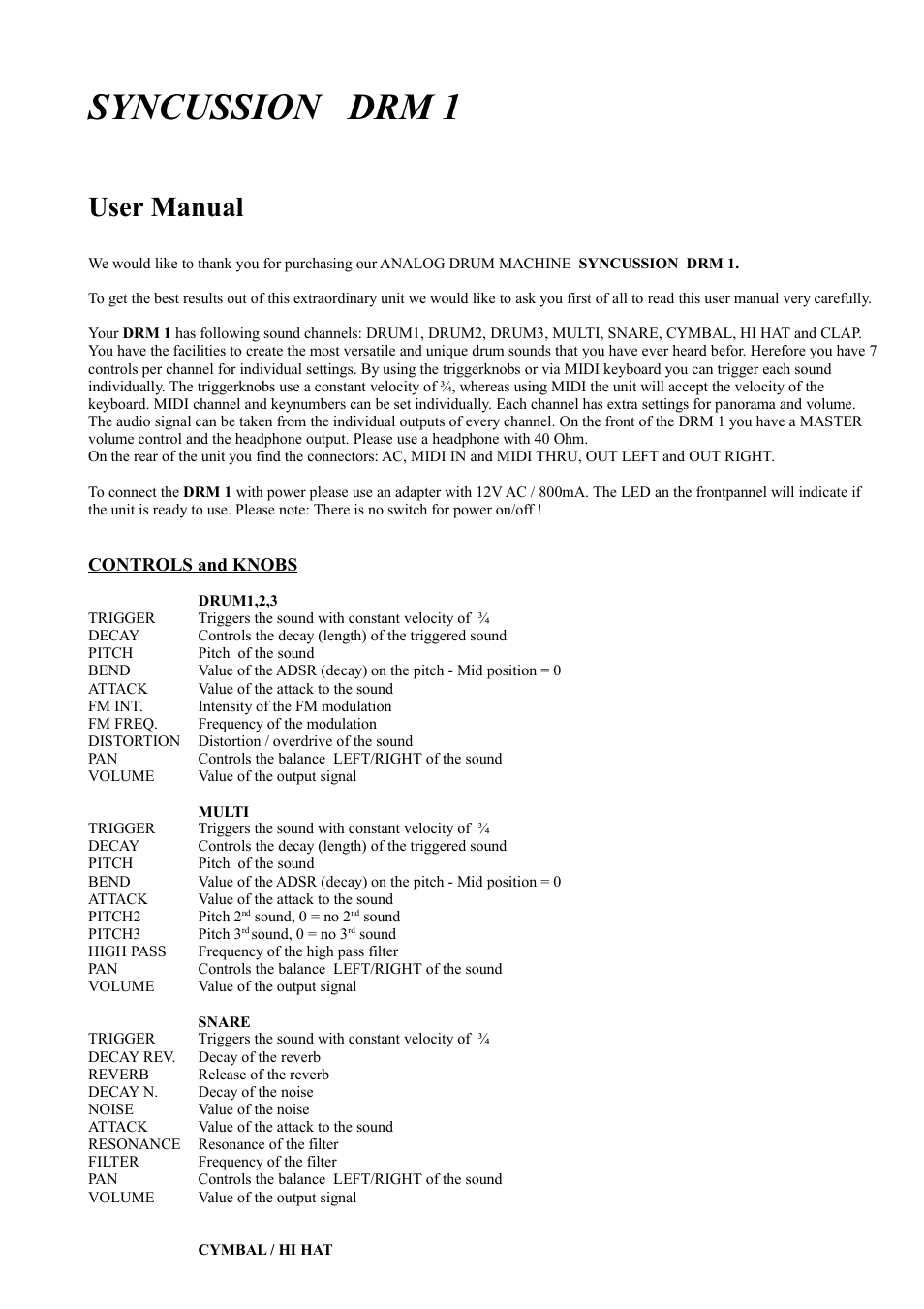 Vermona Syncussion DRM1 User Manual | 2 pages