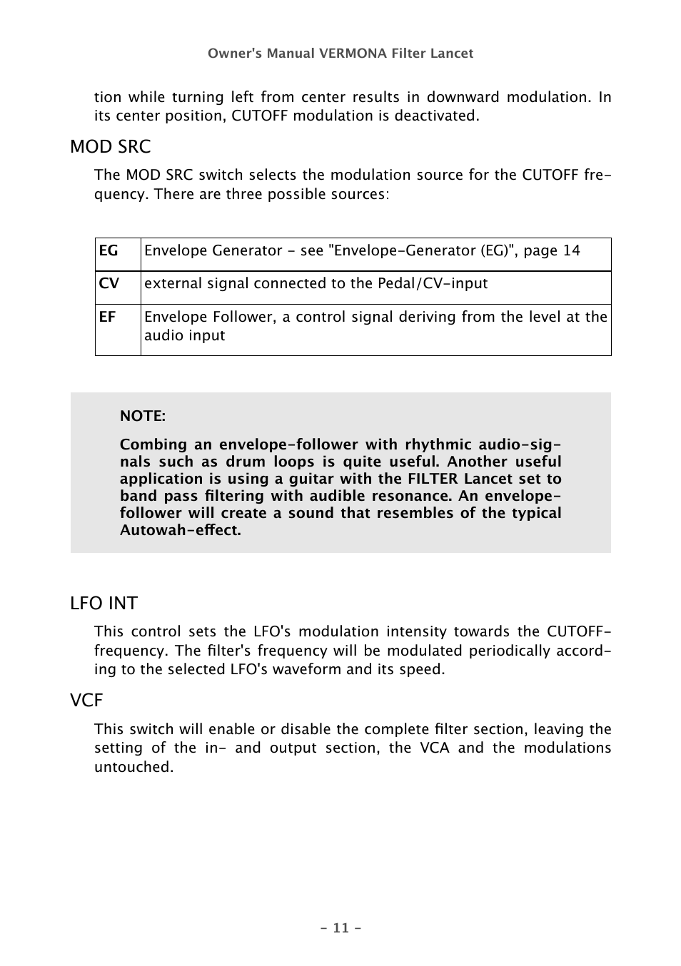 Mod src, Lfo int | Vermona Filter Lancet - analogue multimode filter User Manual | Page 11 / 19