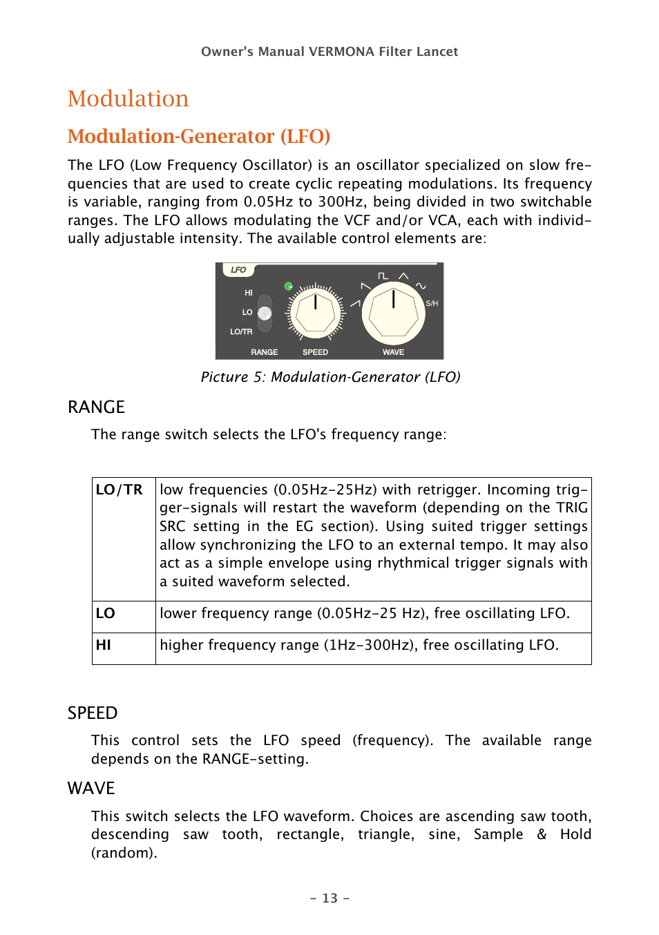 Modulation, Modulation-generator (lfo) | Vermona Filter Lancet - analogue multimode filter User Manual | Page 13 / 19